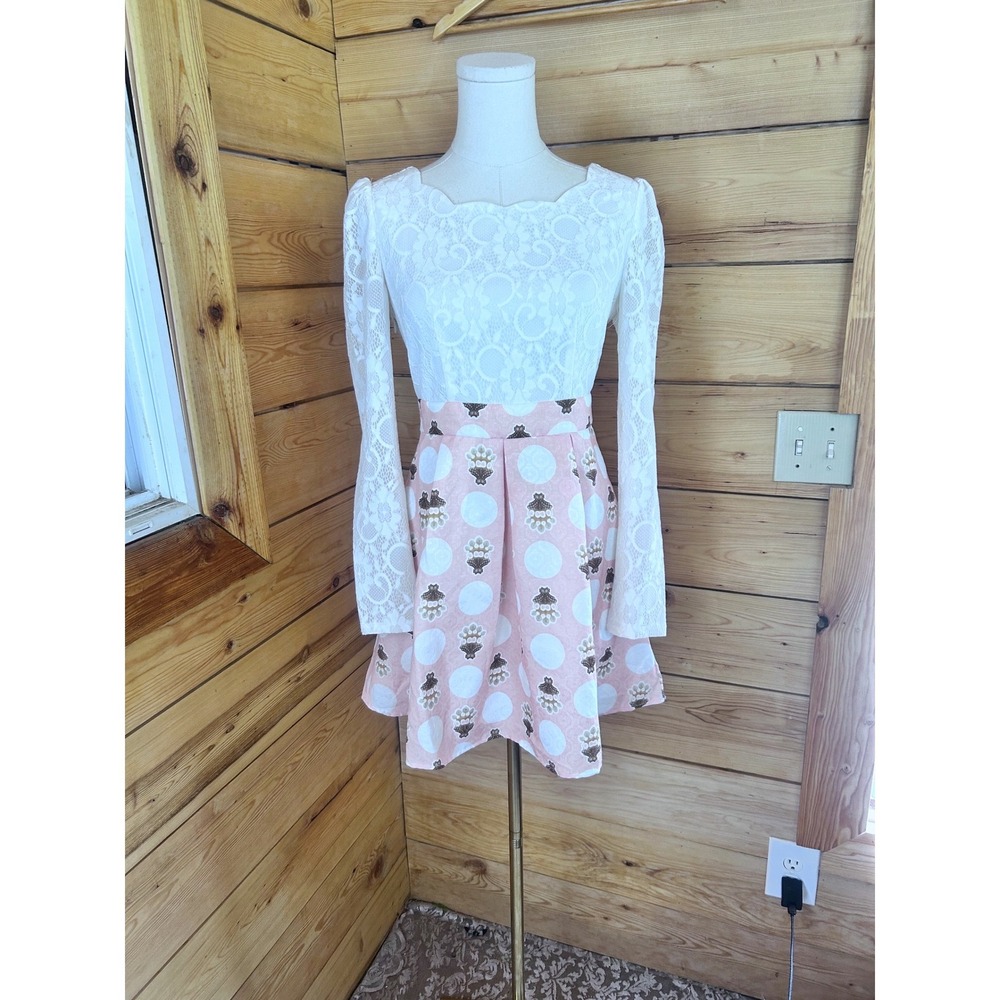 Mini Dress Women Medium Pink White Lace Novelty Polka Dot Coquette Dollcore Twee